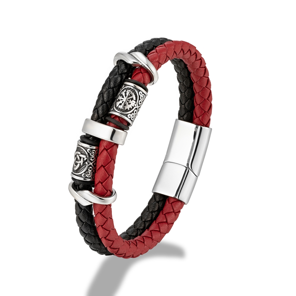 Mkendn punk vikingstil rustfritt stål kompass norrøne runer amulettperler flettet flerlags lærarmbånd mann pulsera: 19cm / Rødbrun