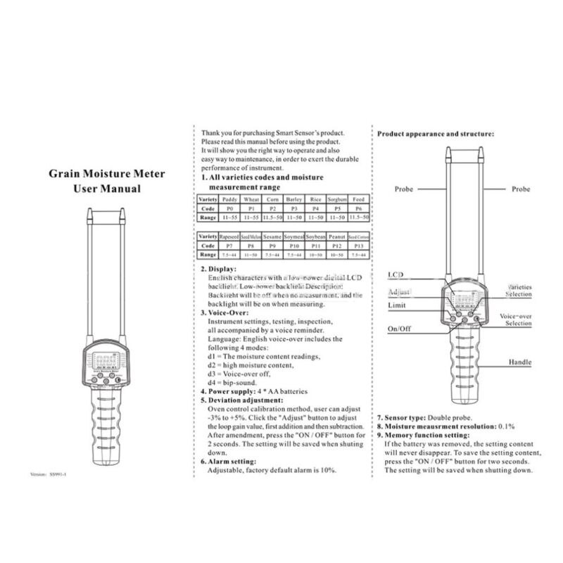 Medidor de humedad de grano con pantalla Digital LCD, Sensor inteligente con sonda para maíz, trigo, arroz, harina de trigo, forraje, semilla de colza