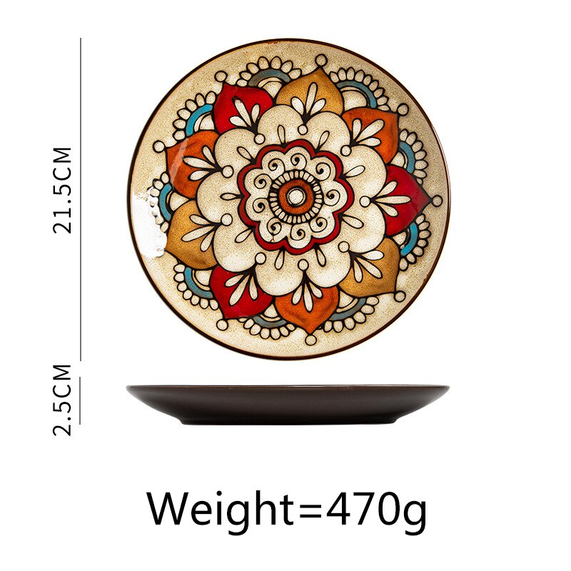 Vajilla de cerámica de 8,5 pulgadas, plato redondo Retro hecho a mano con patrón de flores literarias, para desayuno, carne, Pasta, disco principal, suministros de cocina: color-4