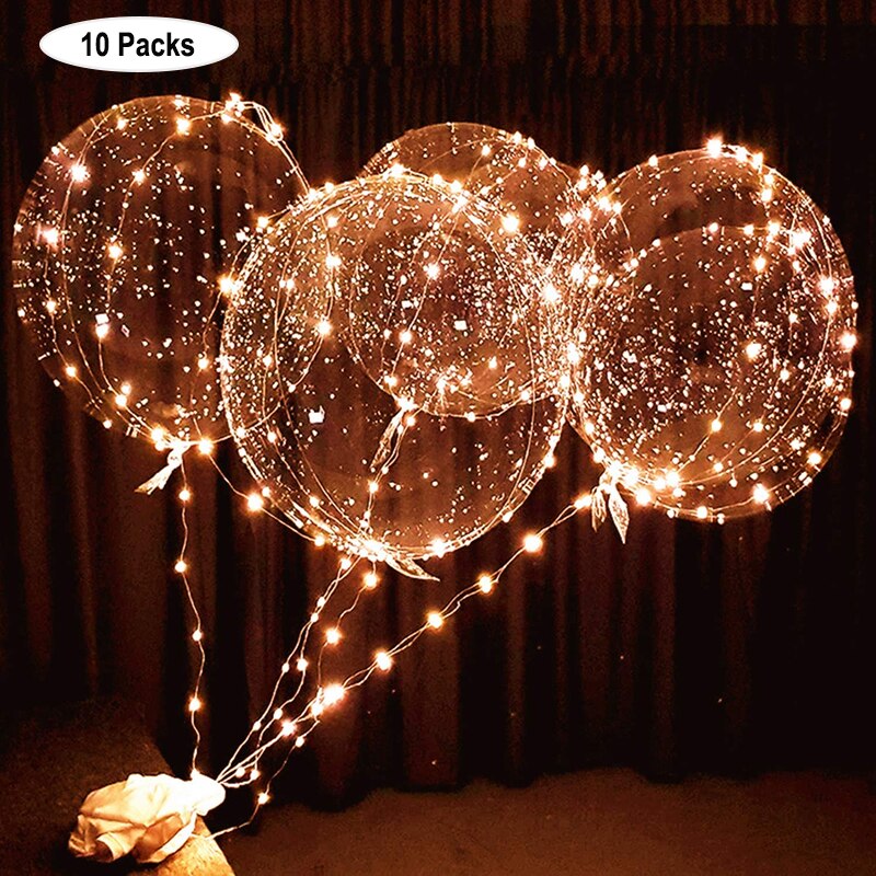 Globo de helio transparente con luces LED, globo de burbuja brillante con cadena para decoración de fiestas, cumpleaños y bodas, paquete de 10 unidades