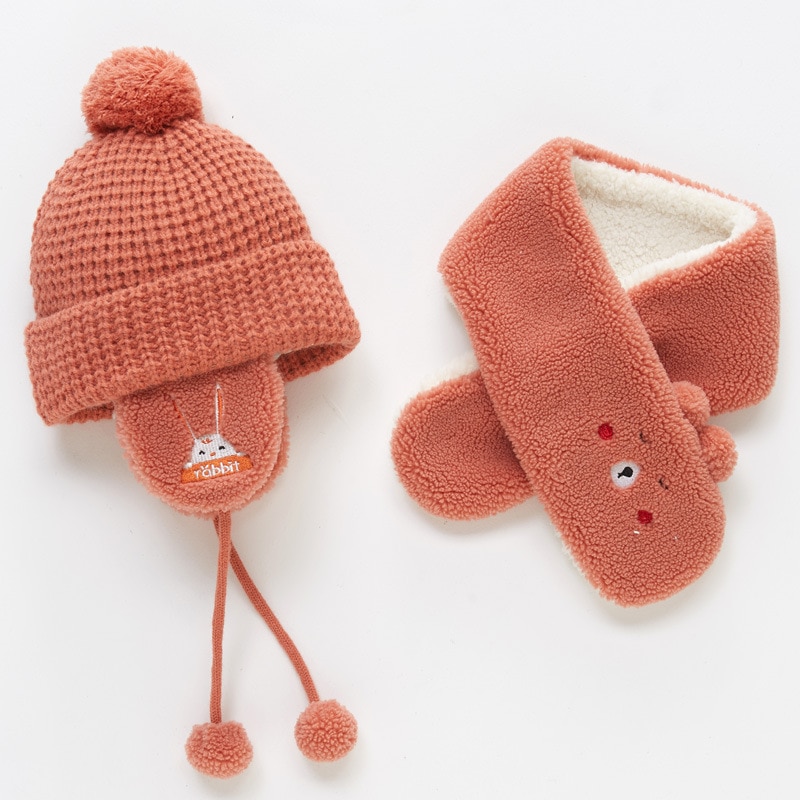 Set van 2 winterse babymutsen, sjaals en mutsen met pompons voor kinderen, voor meisjes en jongens, met fleecevoering en mutsen voor kinderen.