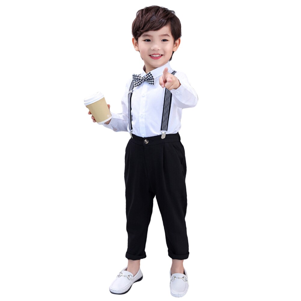 LOLANTA-Conjunto de ropa para niños de 2 a 11 años, camisa de vestir con pajarita + Pantalones de tirantes, para boda, cumpleaños: black / 8-9 years
