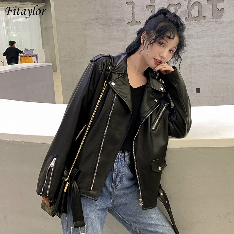 Fitaylor-chaqueta de cuero de imitación para mujer, chaqueta negra con solapa para motocicleta, abrigo Punk Vintage con cremallera, prendas de vestir con cinturón
