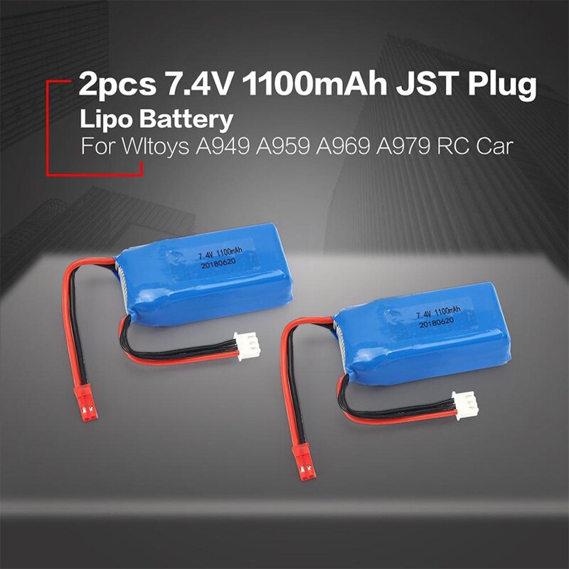 2Pcs Power 7.4V 1100mAh 25C 2S Lipo Battery +JST Plug for WLtoys A949 A959 A979 A969 car and other rc models