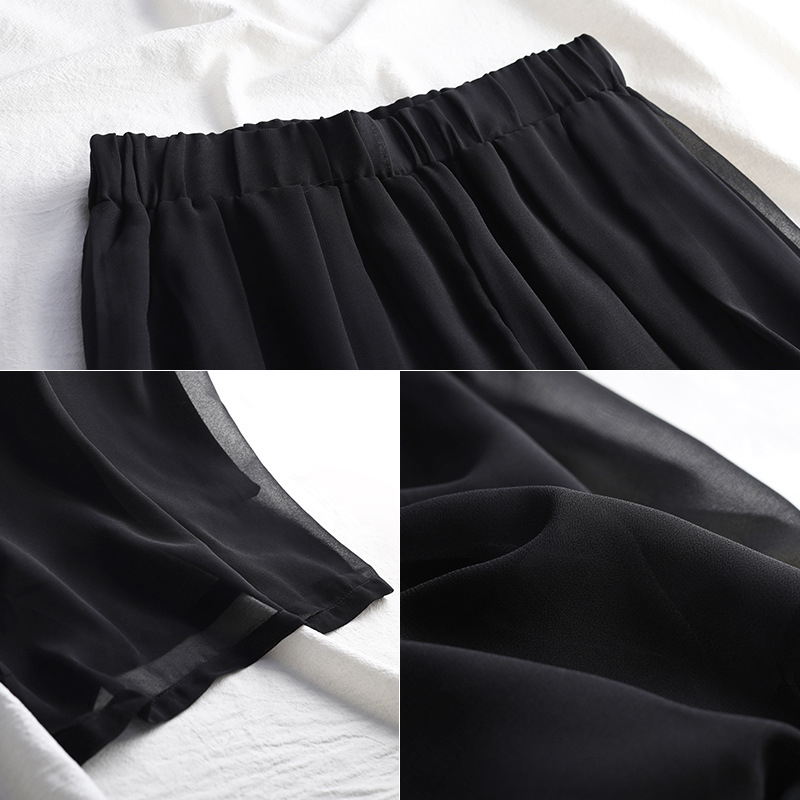 Plus Size Chiffon Wide-leg Pants Solid Black Blue Loose Pants Oversized Women Clothing Summer Autumn Spring Casual