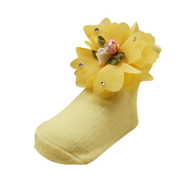 bonitos calcetines de princesa para niñas, bonitos calcetines suaves para niñas recién nacidas con flores: Amarillo