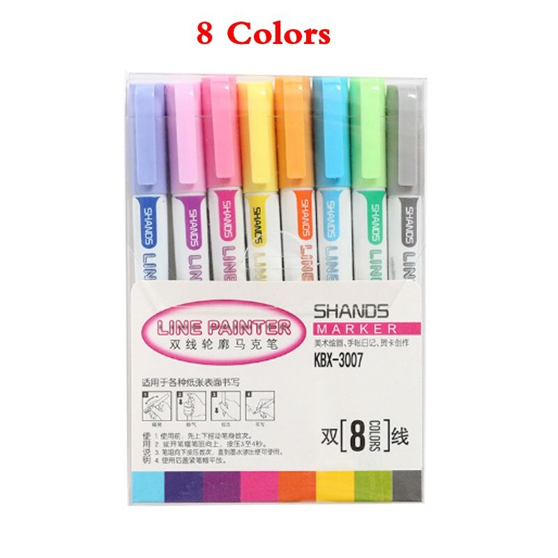 4/8/12 farver dobbelt linje omrids pen glitter farve fluorescerende markør metal farve pen håndbog studerende skole kontor papirvarer: 8 farver