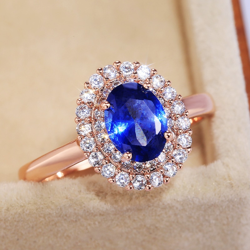 Huitan Oval Deep Blue Stone Women Wedding Bridal Rings Rose gold Color Gorgeous Engage Ring Mother’s Noble Jewelry: 6