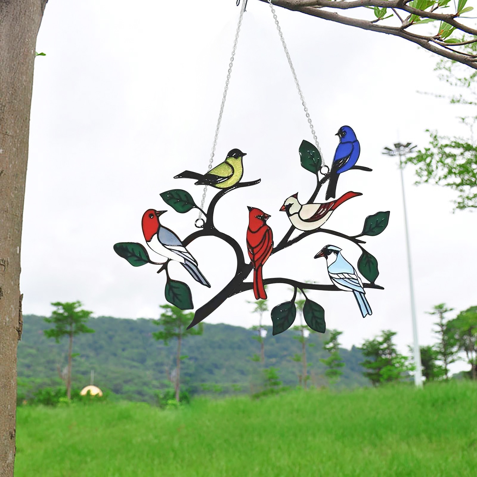 Birds On A Wire High Stained Glass Window Panel Bird Series Ornamen Outdoor Garden Chimes Wind Chime Garden Decoration