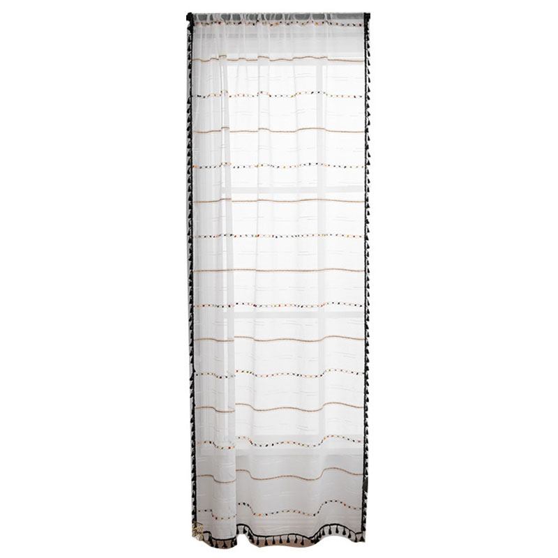 White Pom Pom Sheer Curtains For Girls Bedroom Living Room Tasseled Linen black Semi-Sheer Curtains Voile Panels: 200x100cm