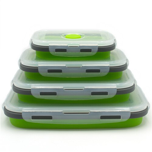 4 Stks/set Siliconen Rechthoek Lunchbox Inklapbare Bento Box Vouwen Voedsel Container Kom 300/500/800/1200ml Voor Servies: 01Green black