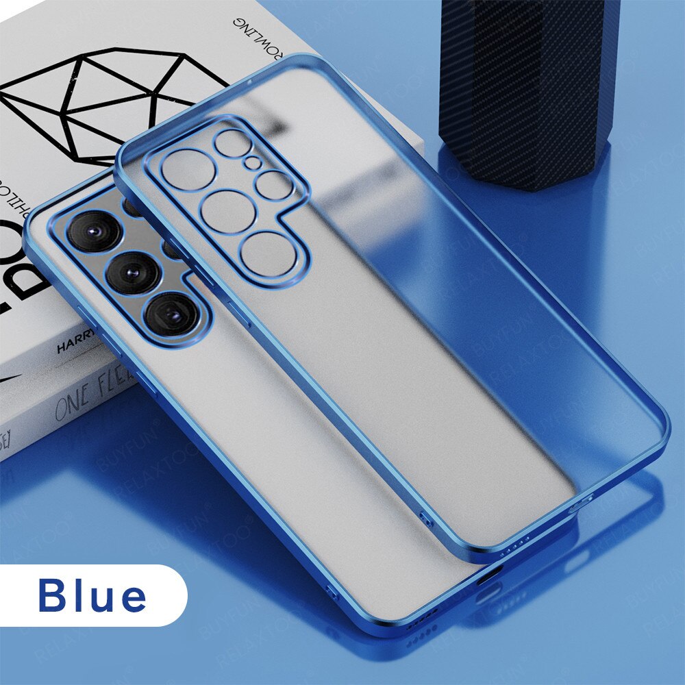 Luxury Plating Phone Case For Samsung Galaxy S22 Ultra 5G S 22 Plus 5G 2022 Camera Protect Matte Transparent Electroplated Cover: S22 Ultra / Blue 2