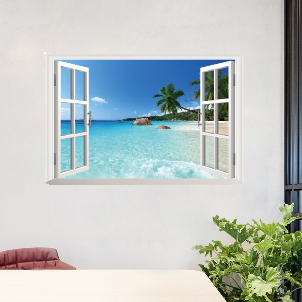 3D View Window Summer Beach Wall Stickers For Living Room Bedroom Decoration Home Decals PVC Scenery Mural Art Landscape Poster