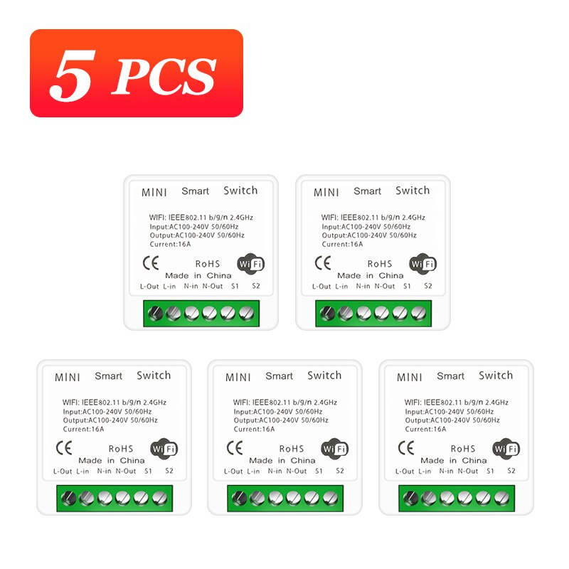 16A MINI Wifi Smart Switch 2-way Control Timer Wireless DIY Switch Smart Home Voice Control Works With Tuya Alexa Google Home: 5pcs