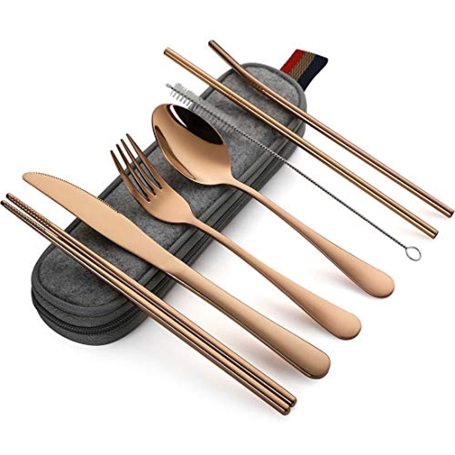 Couverts de voyage, ensemble de vaisselle, argenterie réutilisable avec paille en métal cuillère fourchette baguettes accessoire de cuisine avec étui 7 pièces: Type1 7PCS 04