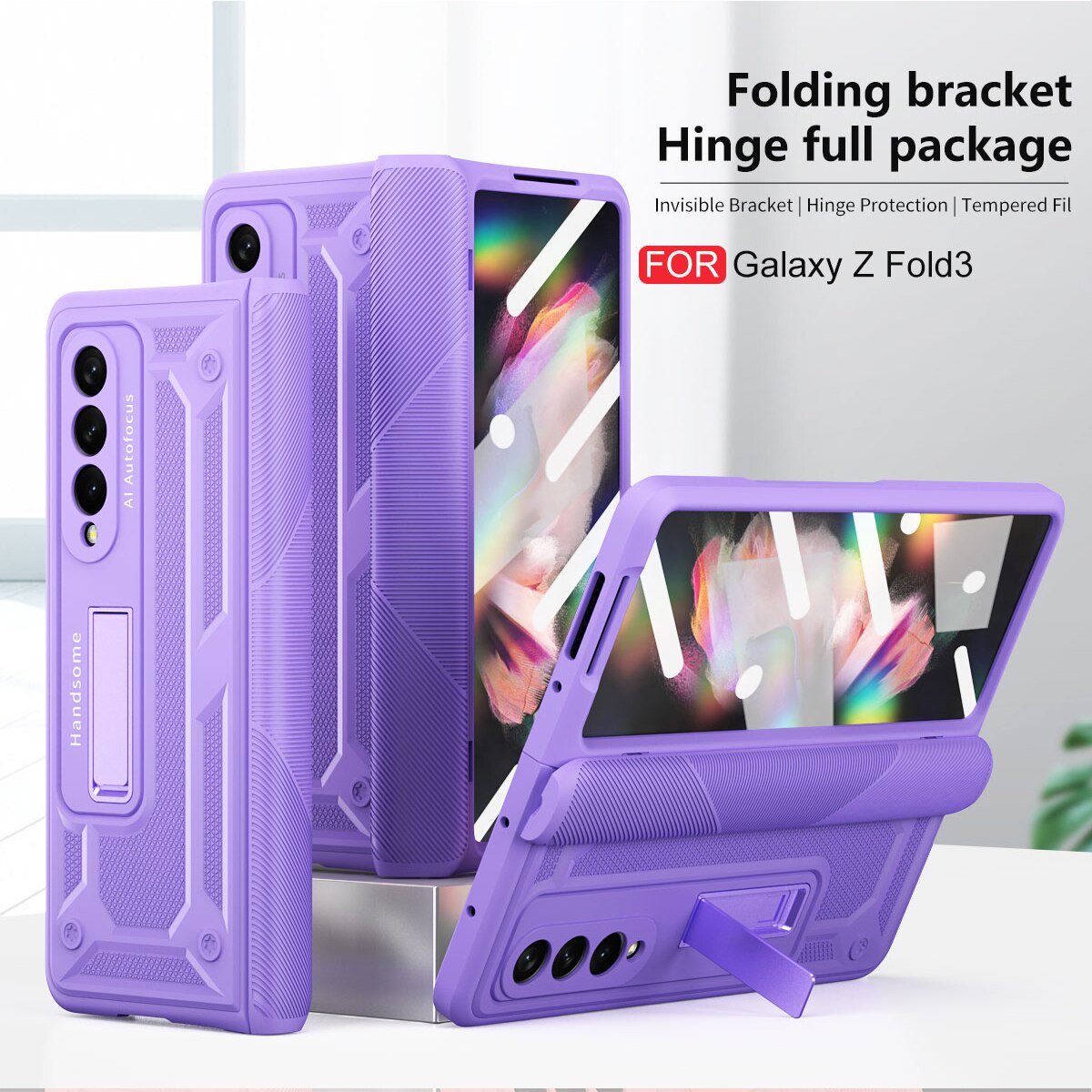 Charnière magnétique Pour Samsung Galaxy Z Plier 3 2 avec Écran Avant Verre Film Charnière Pleine Protection Z Plier 3 5G Couverture Arrière: For Samsung Z Fold 3 / Purple