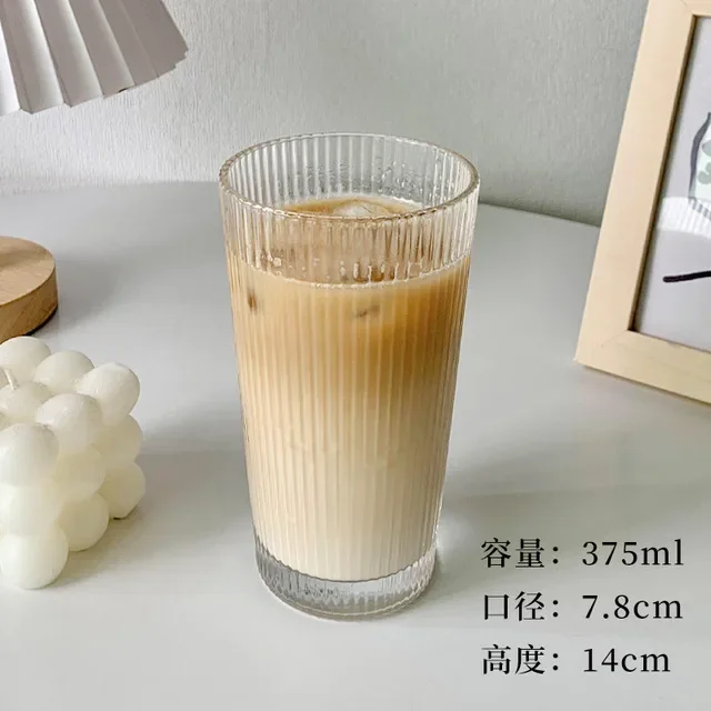 Taza de vidrio a rayas de 375Ml con tapa, Pajita de estilo japonés para beber, tazas elegantes para leche, café, té, de cumpleaños, vasos de whisky: Rojo
