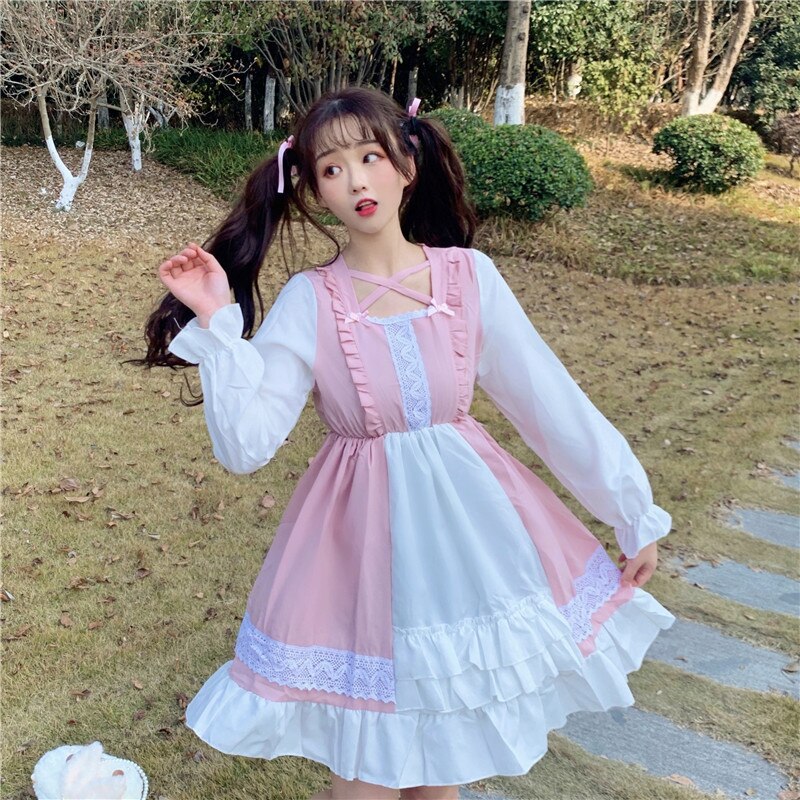 Kawaii lolita jurk dames lange mouw zwart/roze kostuums japanse zoete lolita outfit gothic meid jurk cosplay uniform  vo738