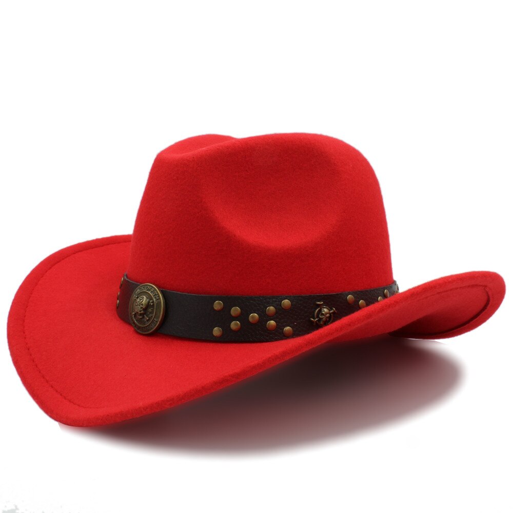 Klassisk kvinder uld chapeu western cowboy hat vinter efterår dame dronning jazz cowgirl sombrero hombre steampunk cap størrelse 56-58cm: Rød