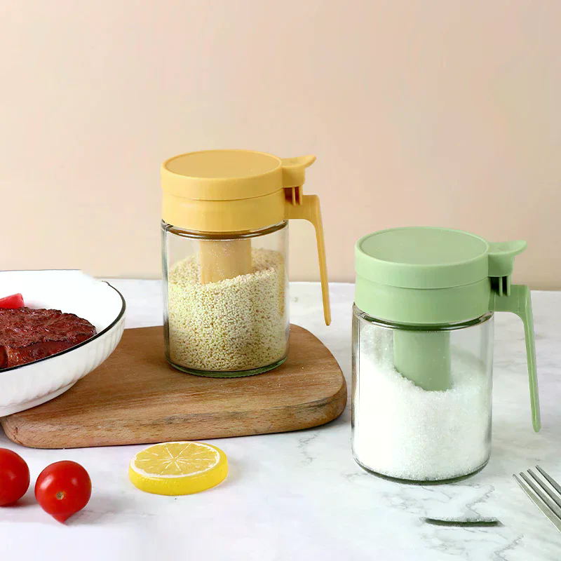 Household Kitchen Moisture-Proof Seasoning Jar Salt Container 2 In 1 Glass Spice Bottle Spoon Separation Glass Seasoning Can