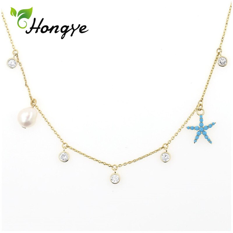 Hongye Baroque Pearls Necklace Jewelry Fresh Summer Ladies Starfish Pendant Necklace 14k Gold Collar Chain Women Jewelry