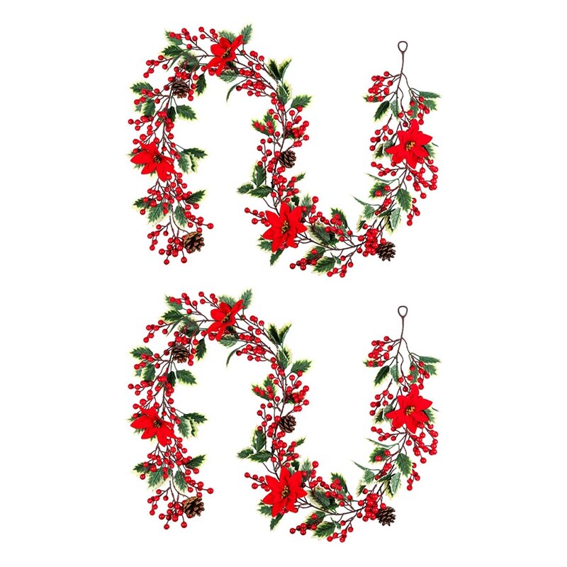 2X 6.3FT Red Berry Christmas Garland, Artificial Poinsettia Garland,Christmas Berry Garland With Pine Cones: Default Title