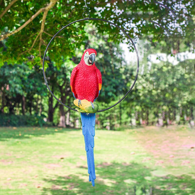 Hand Painted Red Yellow Blue Resin Parrot On Iron Circle Frame Garden Decor Hanging Ornament