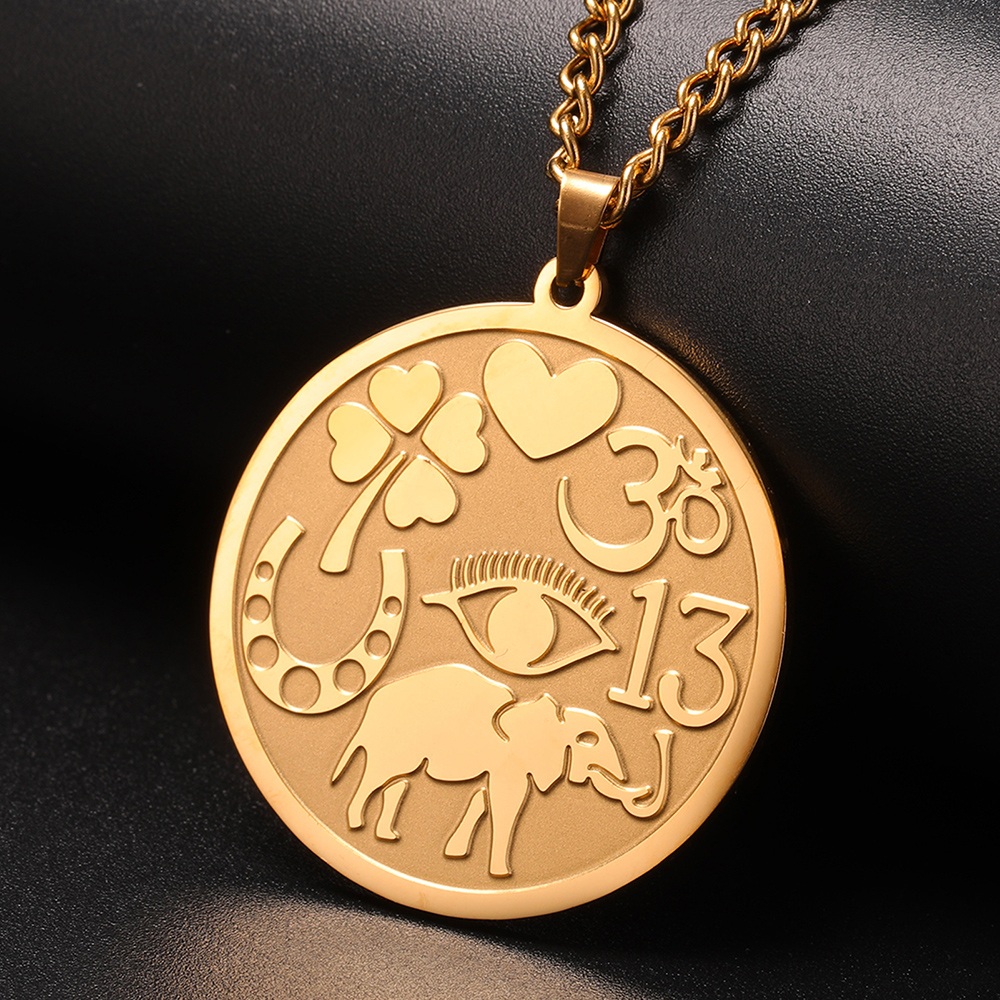 Colar de homens Sorte Elephant Medallion colar poderoso amuletos de proteção Quatro folhas Clover Ohm Symbol Horseshoe Evil Eye colar jóias de aço inoxidável