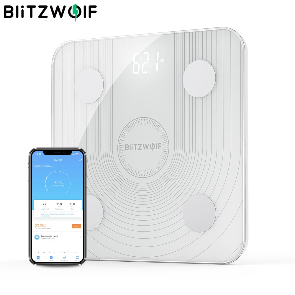 Blitzwolf 2.4Ghz Wifi Smart Lichaamsvet Schaal App Remote Badkamer Schaal Bmi Gegevens Analyze Met 13 Body Metrics Digitale gewicht Schaal