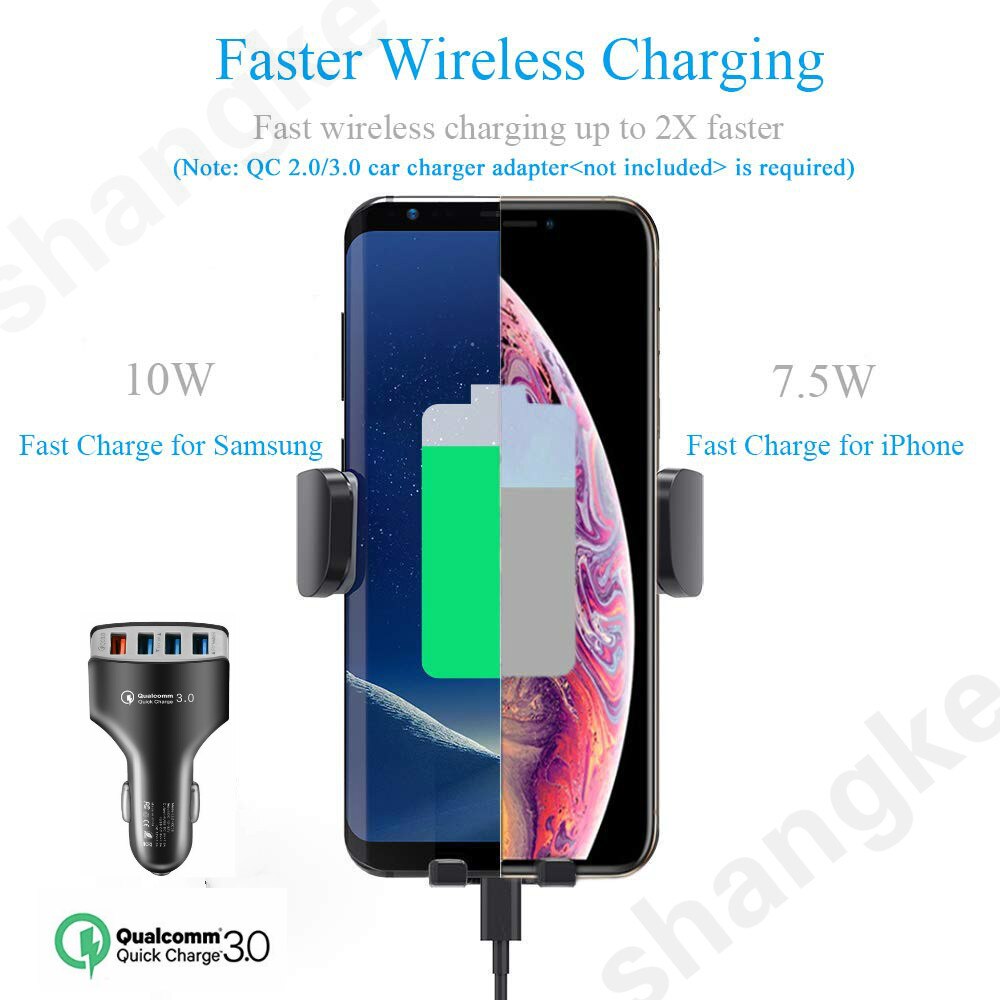 Draadloze autolader 10w autoklem 2- in -1 qi snellader autohouder ventilatierooster dashboard telefoonhouder voor iphone  x 8 samsung  s9