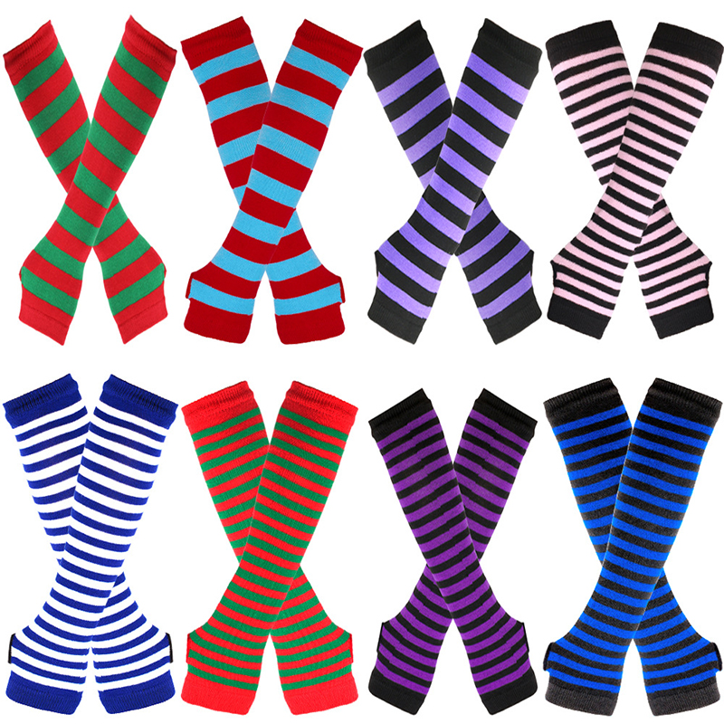 Winter Warm Long Gloves For Women Men Knitted Fingerless Elbow Gloves Red Striped Hip-Hop Mittens Outdoor Elastic Arm warmer