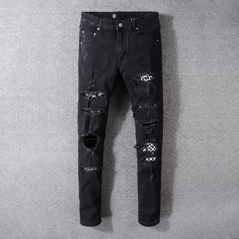 High street herr jeans svart stor storlek hål hip hop jeans herr trasiga punk byxor patch skinny ripped jeans för män: 28