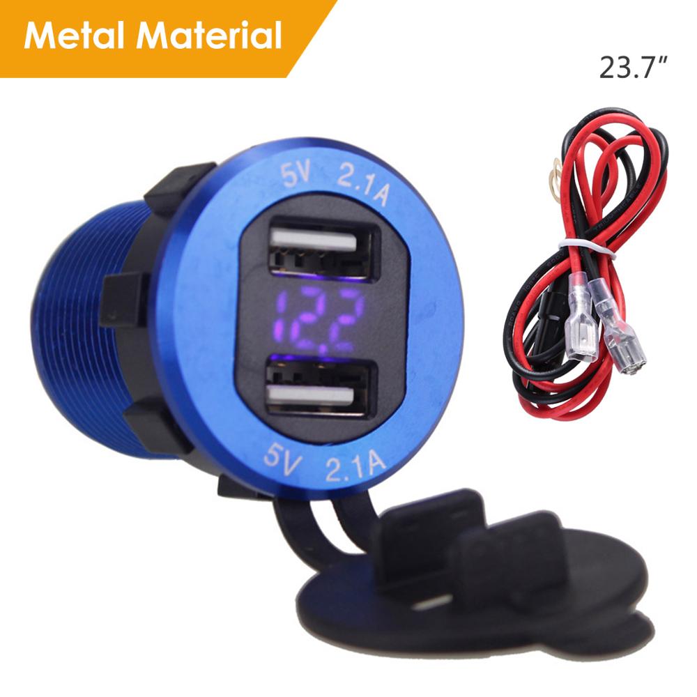Dual USB Charger Socket Waterproof Power Outlet 2.1A with Voltmeter Wire in-line 10A Fuse for 12-24V Car Boat Marine Motorcycle: Blue