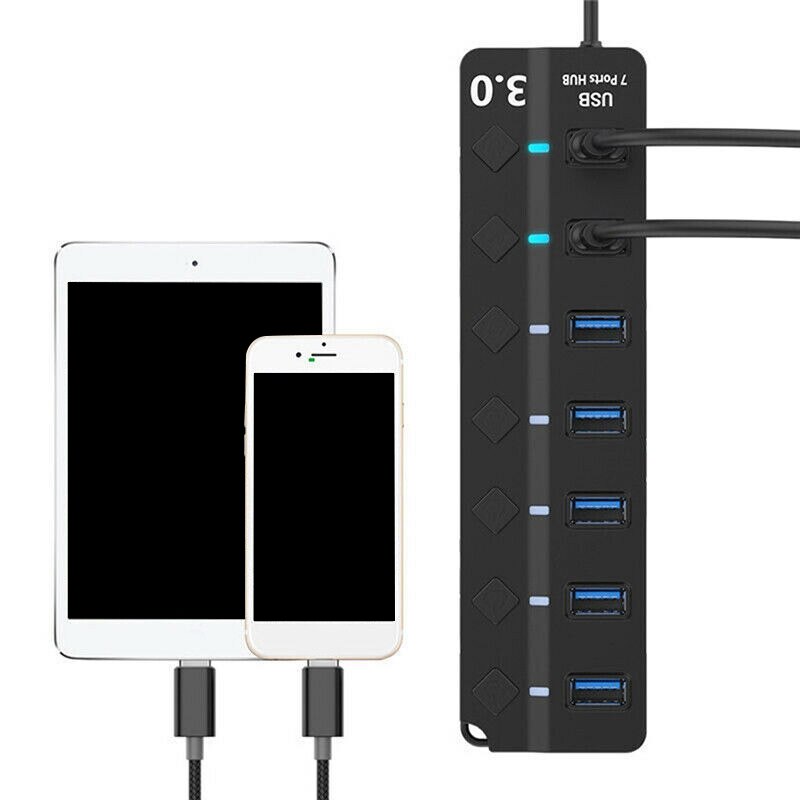 USB Hub 3.0 High Speed 5GBPS 7 Port Multi Splitter Adapter On/Off Switch for Laptop PC