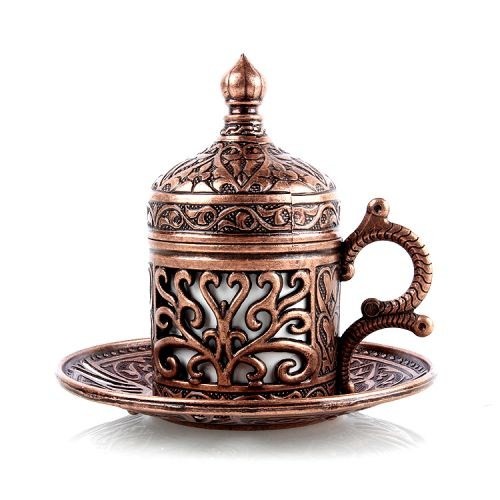 Håndlaget autentisk tyrkisk gresk arabisk kaffe espressosett til 1 servering, kopper tallerkener lokk brett glede godteri tallerken