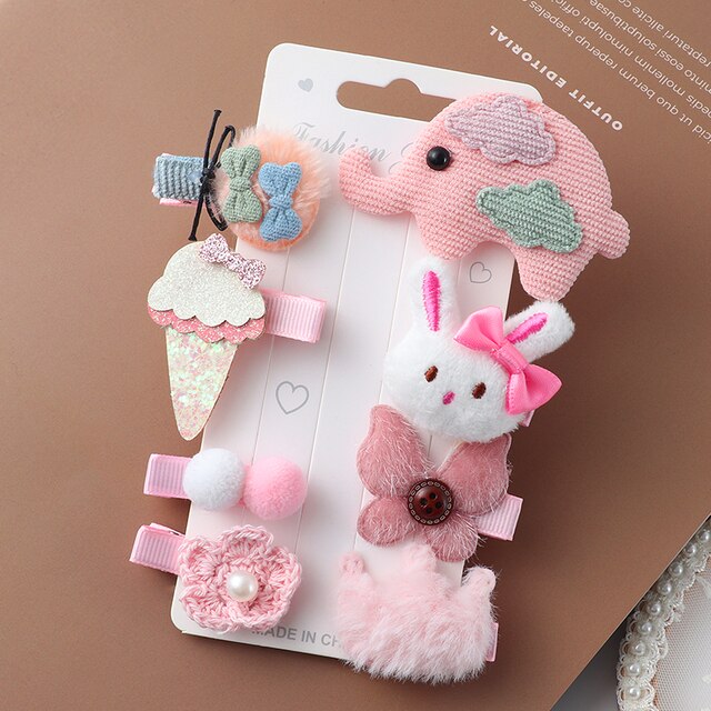 8pcs/set cartoon Hair Clips girl little rabbit hair accessories children cute sweet bow flowers Same color system hairpin: Pink