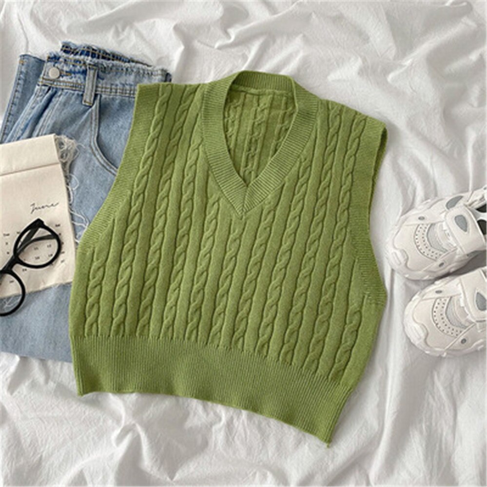 Knitted Vests Women V-neck Short Style Solid Basic Outwear Casual Colorful Waistcoats Womens Sleeveless Wool All-match: Green
