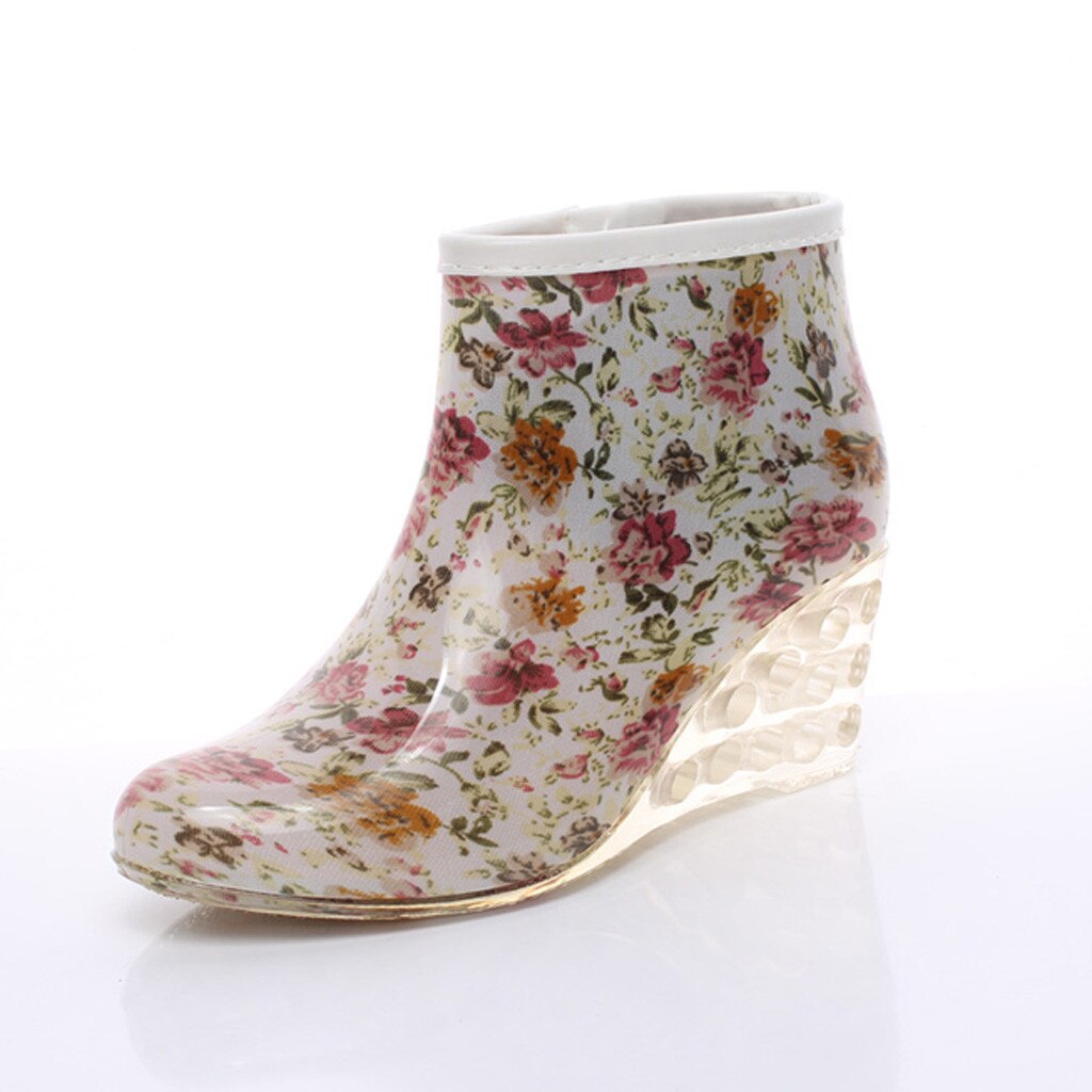 rain boots women Flower Print Wedges Short Tube Rain Boots Waterproof Water Shoes botas para lluvia mujer #XB35