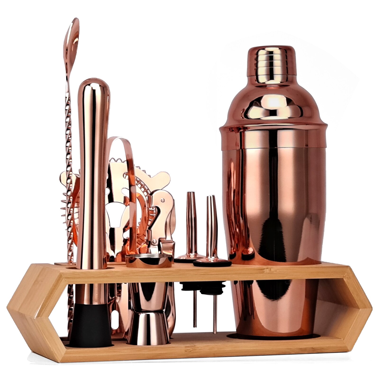 Cocktail Shaker Set Rose Gold,10-Piece Bartender Kit With Bamboo Stand,Tools Very Suitable For Family Party Use