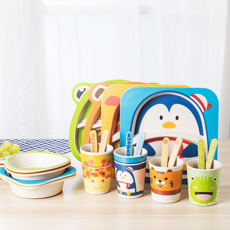 5pcs/set Animal Zoo Baby Plate Bow Cup Forks Dinnerware Feeding Set 100% Bamboo Fiber Baby Children Tableware Set