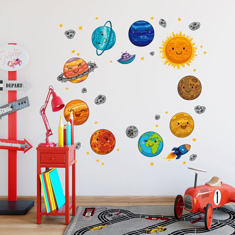 Cartoon Space Planet wallpaper for Kids Room Solar System Earth Children Nursery Mural Decals Background Decor