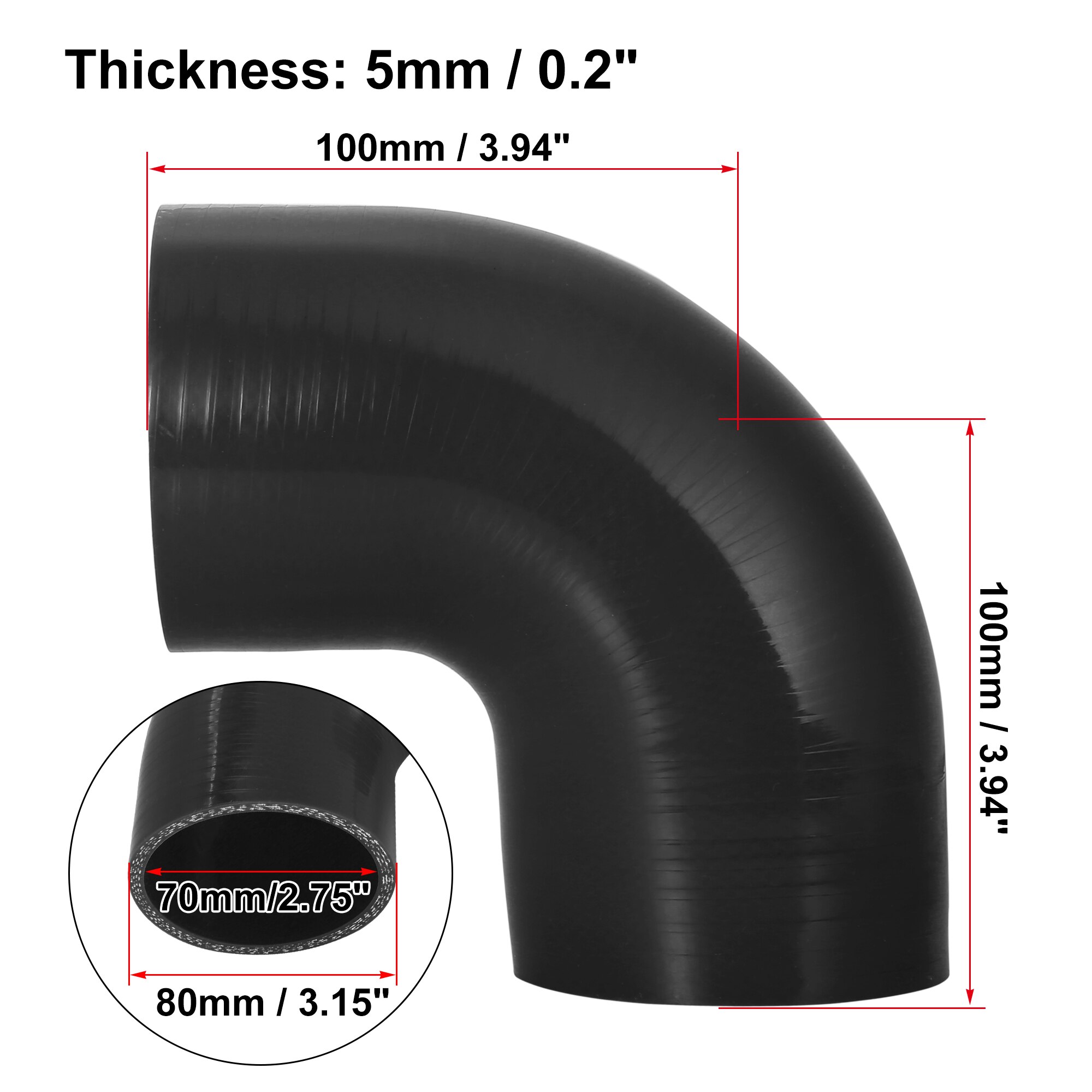 Uxcell-manguera de codo de 90 grados, tubo de silicona, 38, 51, 57, 63, 70, 76, 89, 102MM, conector Intercooler para tubo de entrada Turbo de aire: Black 70mm