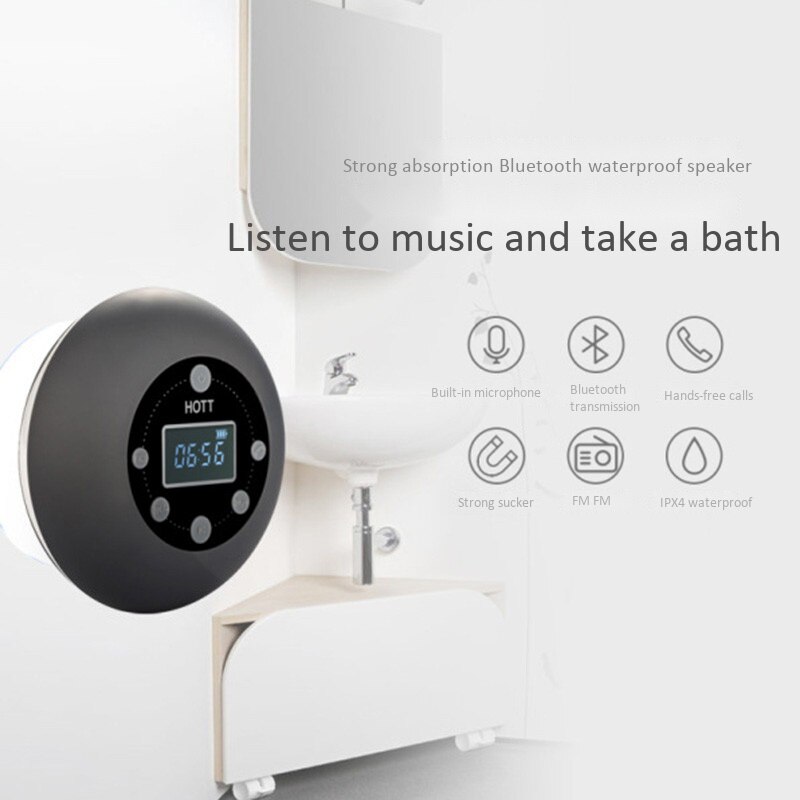 Radio de douche Bluetooth 5.0, haut-parleur, sans fil, étanche, salle de bain, musique DAB, 10 heures, affichage de l'horloge LCD, carte SD