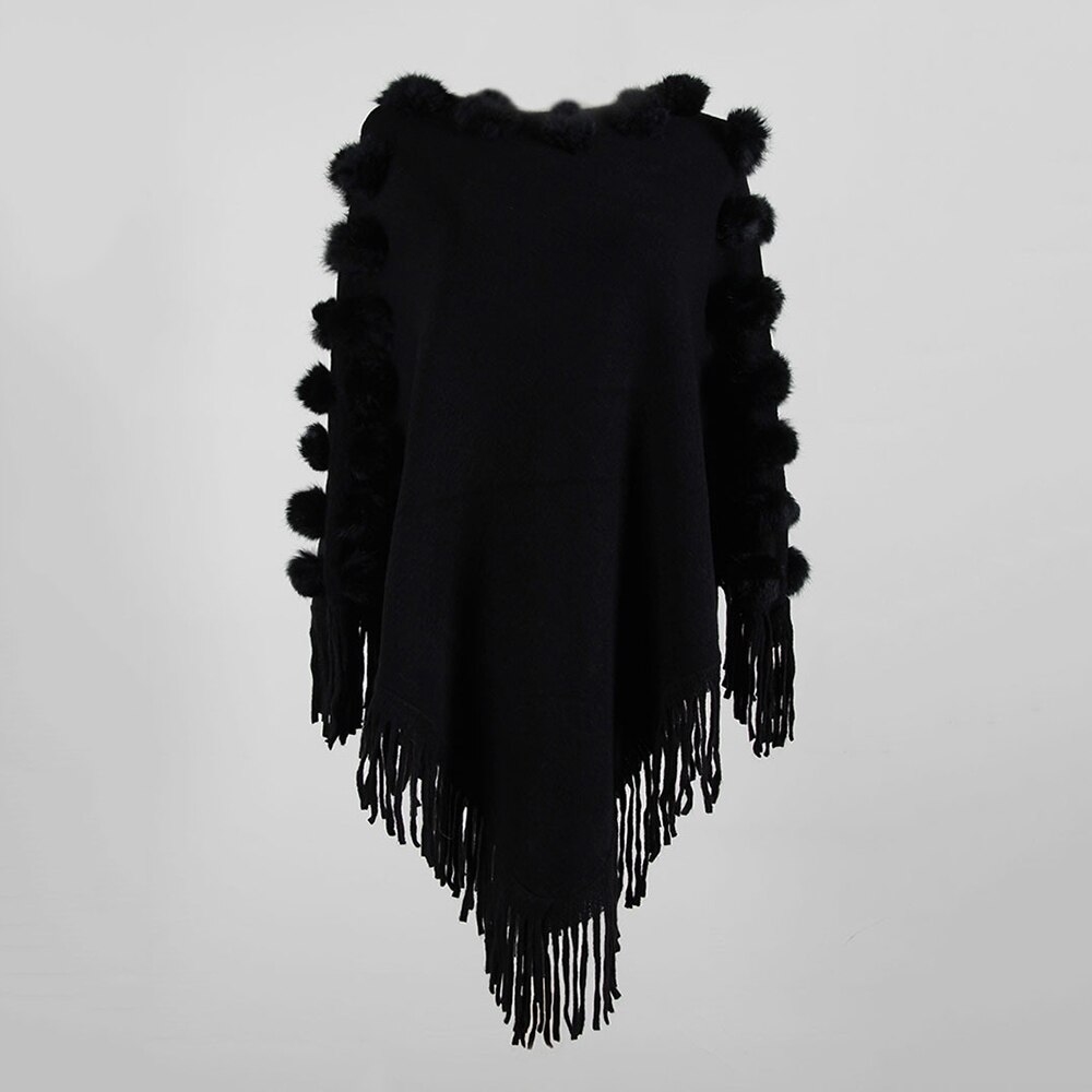 Rund hals cape poncho tröjor dam vinter stickad tofs solid hårboll capes sjal kappa ponchos elegantes höstkappa sjal: Svart