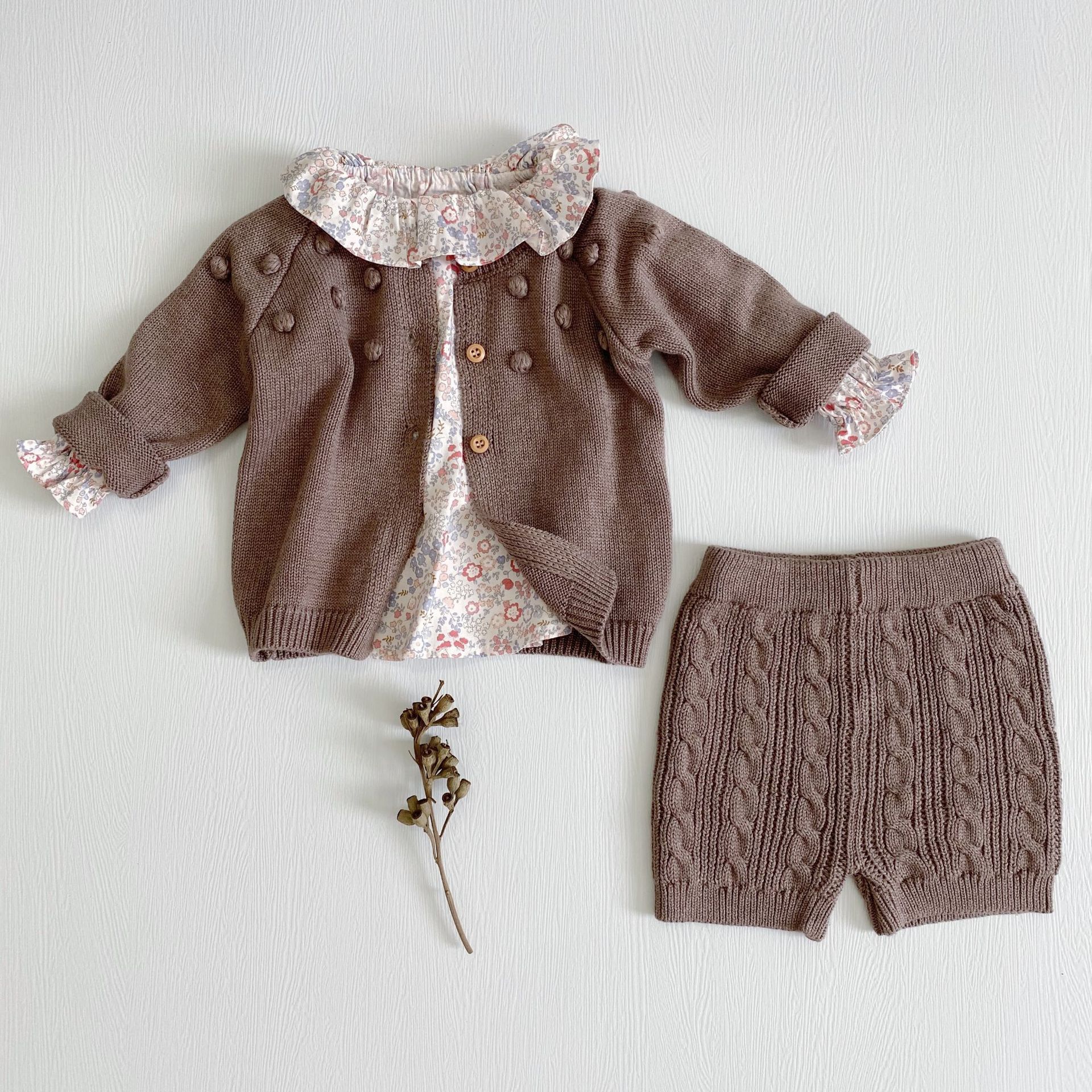 Kinderen Meisje Herfst Kleding Set Leuke Pompom Borduren Baby Meisje Gebreid Vest Trui Warme Jas + Shorts Baby Outfit 2 stuks: Coffee / 6-12 Months