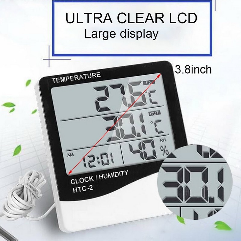 LCD Digital Temperature Humidity Meter Home Indoor Outdoor Hygrometer Thermometer Weather Station with Clock