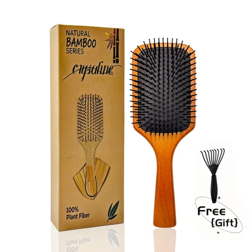 Peine de masaje con cojín de bambú cuadrado, cepillo de pelo alisador antiestático para cabello rizado o liso, cepillo de paleta grande