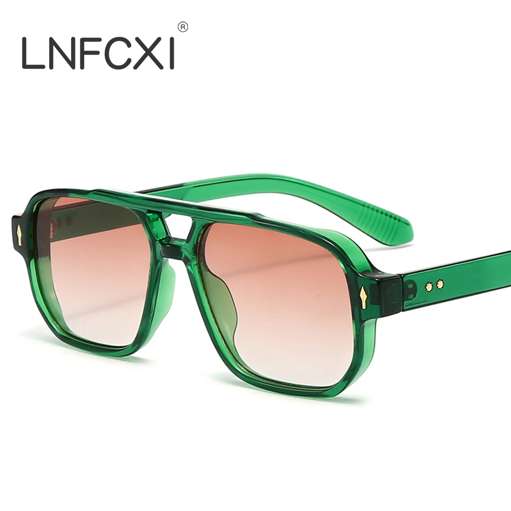 JNPCXI Vintage doble puente hombres gafas de sol cuadradas verde océano lente UV400 gafas mujeres tendencia remaches gafas de sol