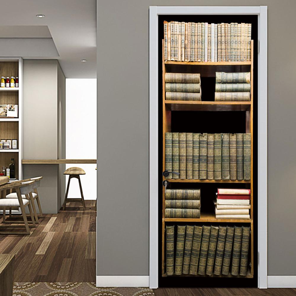 Retro Bookshelf Home Decoration Door Stickers Bedroom Study Room Decoration Wall Art Door Decals Self-Adhesive Waterproof: 77x200cm