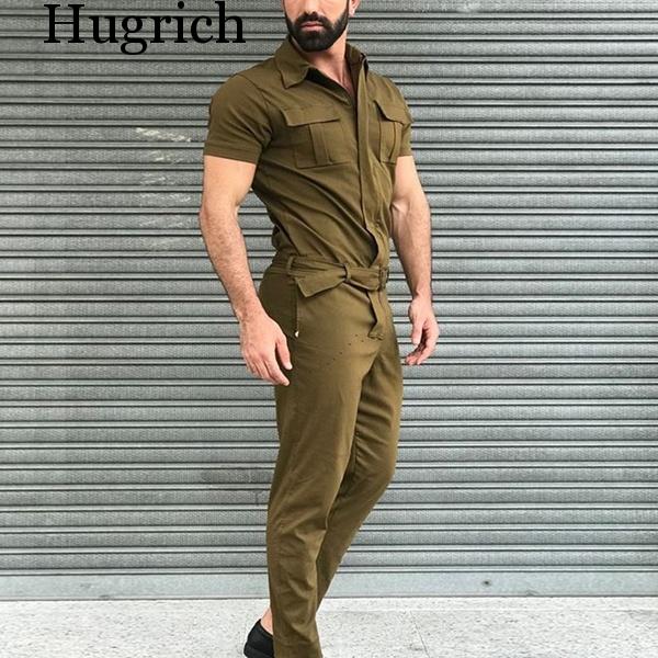 Efterår mænd korte ærmer basis arbejdsoverall til mænd ren farve cargo overalls afslappet street wear jumpsuit herre overalls: Militærgrøn / M